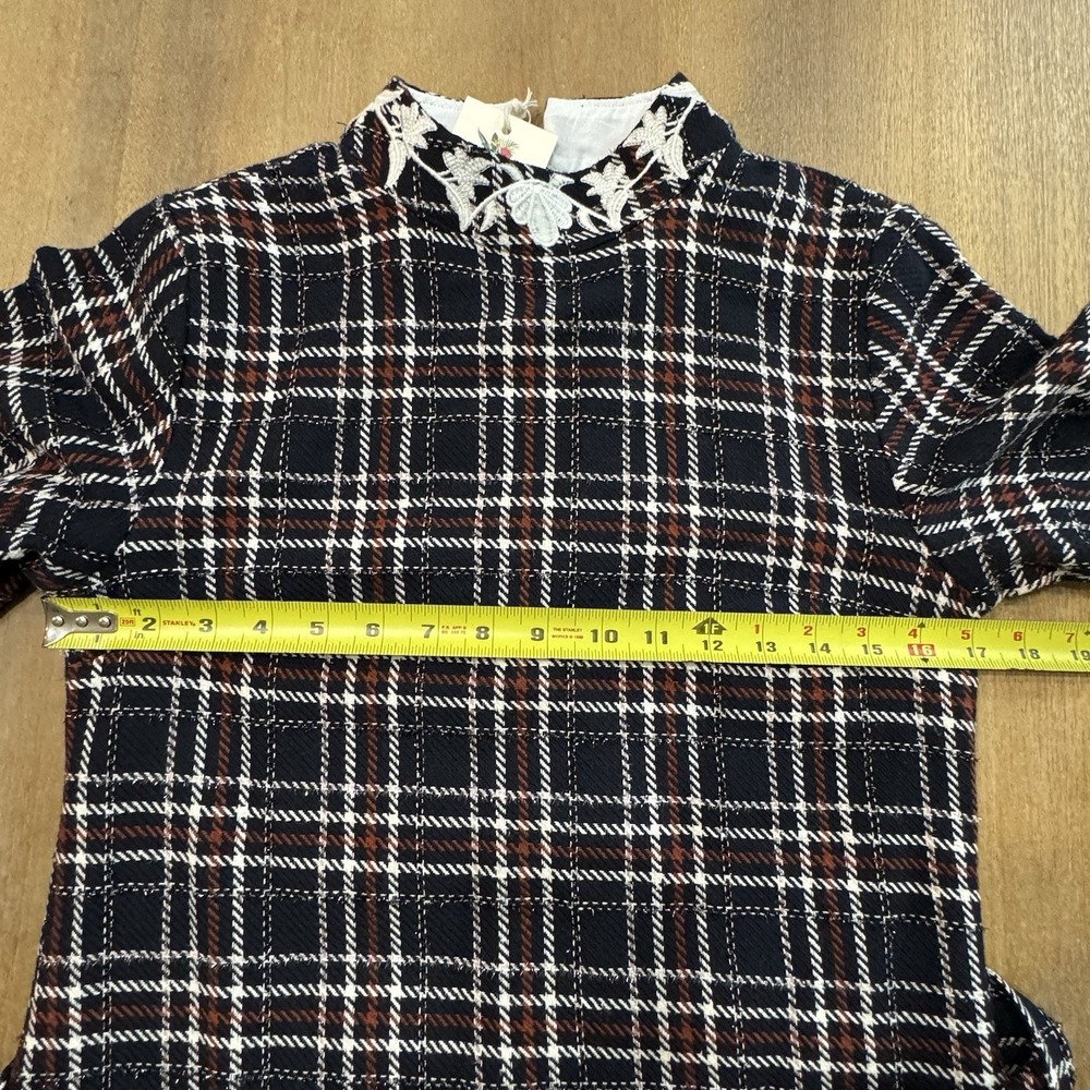 Fanm Mon Layla Tweed Mini Dress Size Small Mock Neck Blue Plaid Embroidered - Picture 4 of 15
